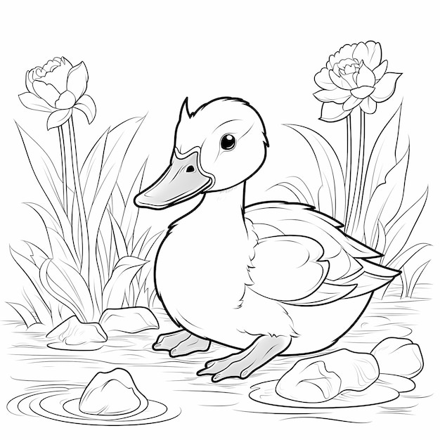 Photo cute duck coloring book page black and white