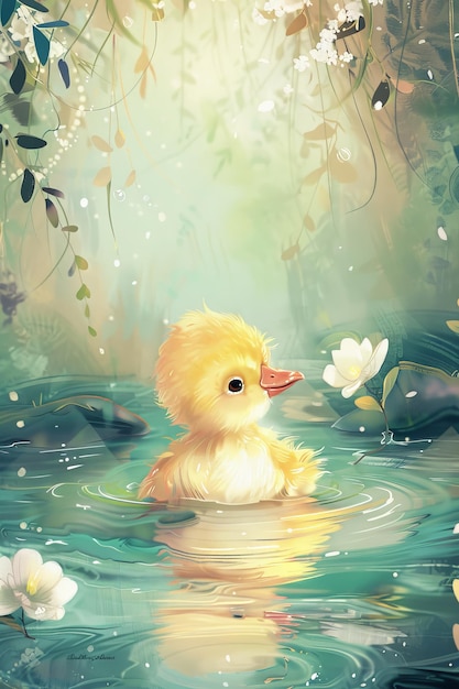 Photo cute duck with nature background children illustration