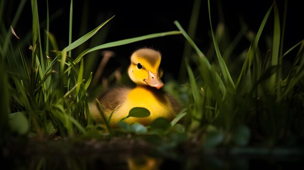 Cute duckling in the grass on the lake at night