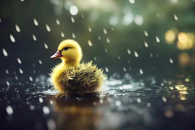 土砂降りの雨の中、屋外の池で遊ぶかわいいアヒルの子