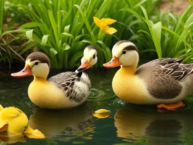 Photo cute ducks comfortably living in the nature