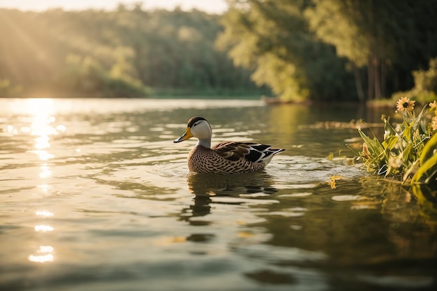 Cute ducks swimming on the river