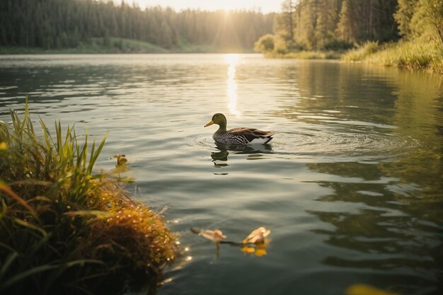 Cute ducks swimming on the river