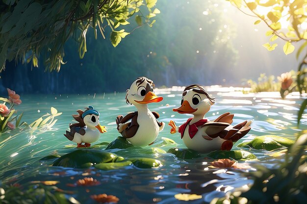 Photo cute ducks swimming on the river