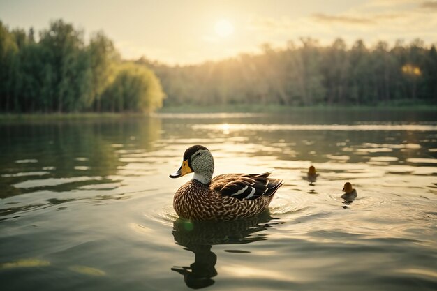 Cute ducks swimming on the river