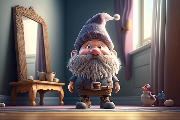 Cute dwarf in cartoon style in his cozy houseAI generative illustration