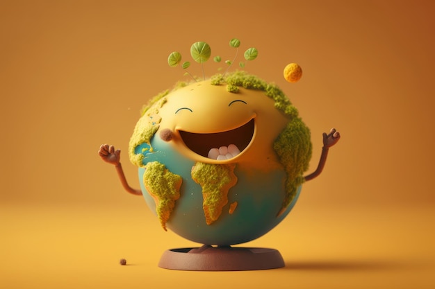 Cute Earth character laughting on yellow background Happy Earth day World laughter day Generative ai