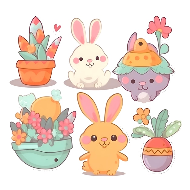 Photo cute easter bunnies and flowers in pots vector illustration