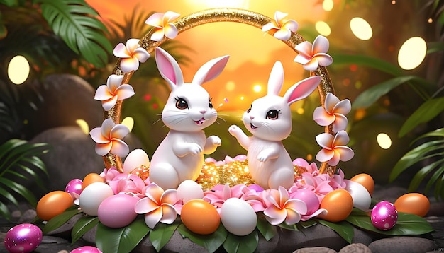 Cute easter bunnies with easter eggs and colorful flowers in forest background