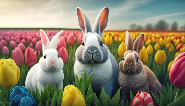 Cute Easter bunnies with tulip flowers field Generative AI