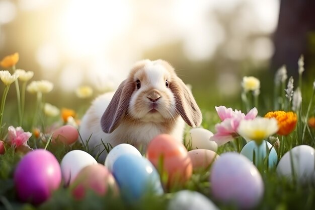 Фото Милый пасхальный кролик и пасхальные яйца на луге генеративный ии