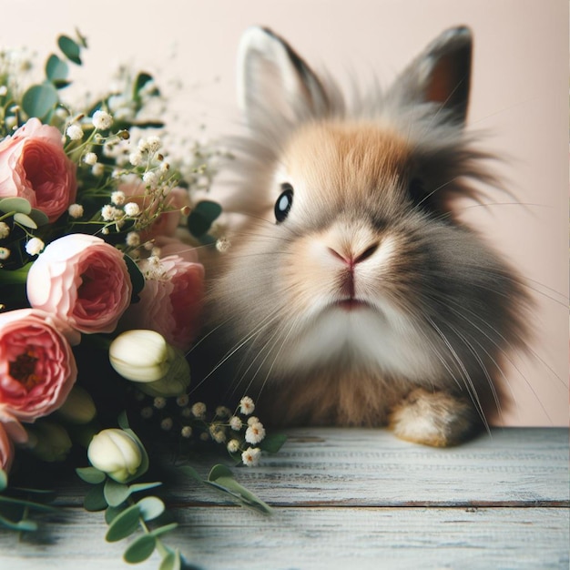 Фото Милый пасхальный кролик и весенние цветы на белом фоне вблизи