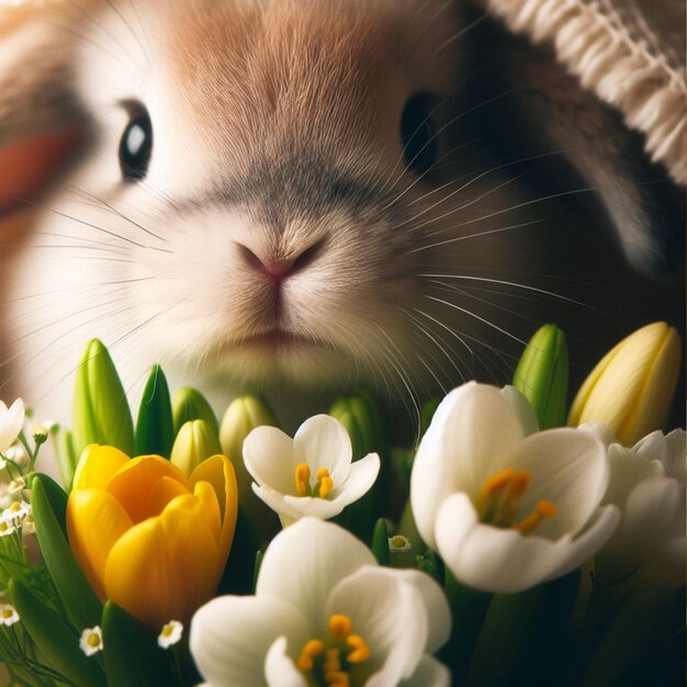 사진 귀여운 부활절 토끼 와  바탕 에 있는 봄 꽃