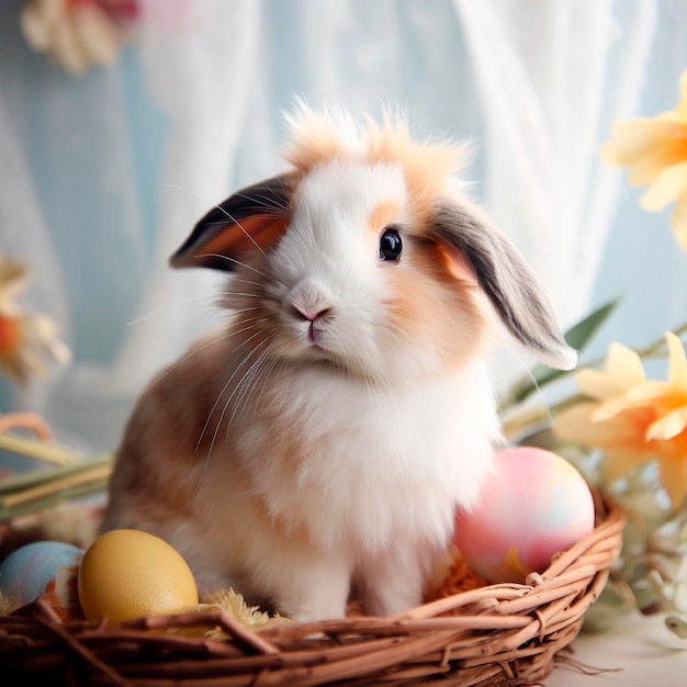 Милый пасхальный кролик в корзине с пасхальными яйцами Ostern Eastern AI сгенерирован