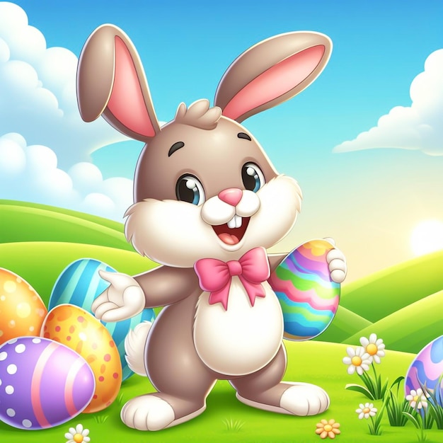 Cute easter bunny cartoon Easter time Card invitation AI generated