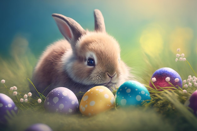 Cute easter bunny and easter eggs on grass landscape 3D Illustration generative ai