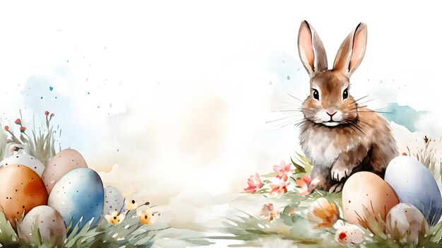Cute easter bunny and eggs Watercolor illustration copy space
