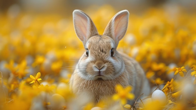 Cute Easter bunny on a garden with yellow background