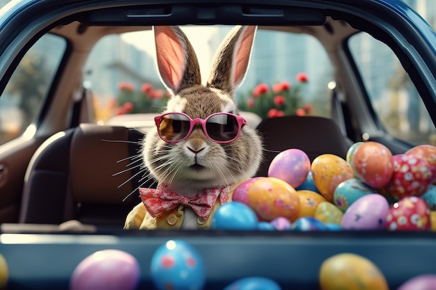 Photo cute easter bunny in glasses looking out of a car window filled with easter eggs