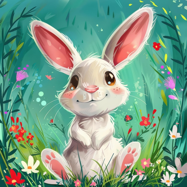 Cute easter bunny in green grass with colorful flowers around