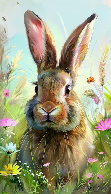 Cute easter bunny in green grass with colorful flowers around