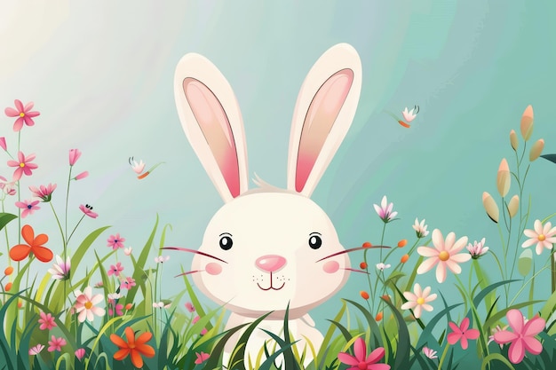 Cute easter bunny in green grass with colorful flowers around