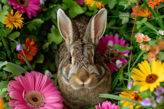 Милый пасхальный кролик в зеленой траве с красочными цветами вокруг