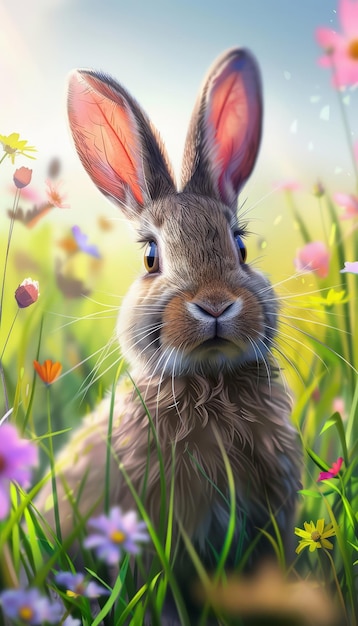 Cute easter bunny in green grass with colorful flowers around