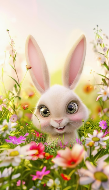 Cute easter bunny in green grass with colorful flowers around