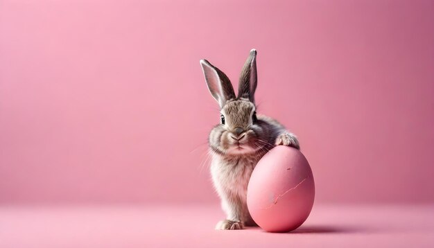 Cute Easter bunny hatching from pink Easter egg isolated on pastel pink background with copy space