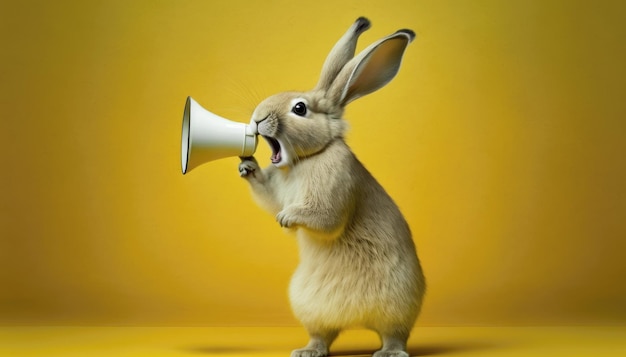 Cute Easter Bunny holding megaphone and roaring Easter advertising Generative AI