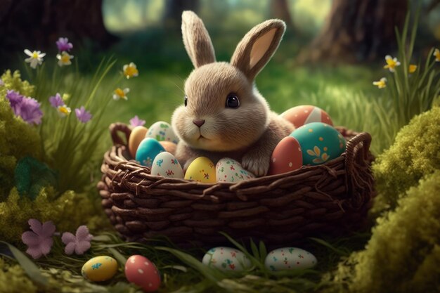 Фото Милый пасхальный кролик в корзине с пасхальными яйцами ai генеративный