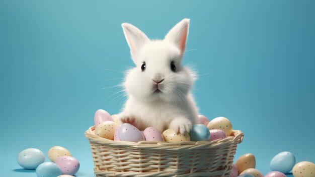 Cute easter bunny rabbit in shopping basket with painted eggs on a blue background