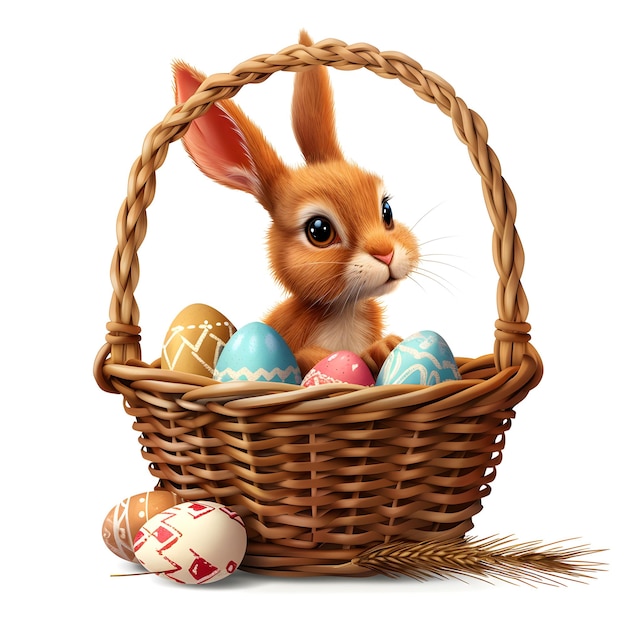 Cute Easter Bunny Sitting in Basket With Eggs Generative AI