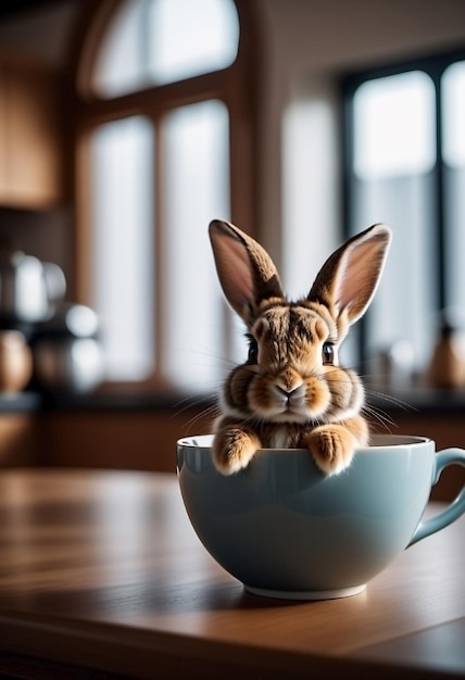 Cute Easter bunny sitting on cup looking for easter eggs Concept of holiday and spring traditions