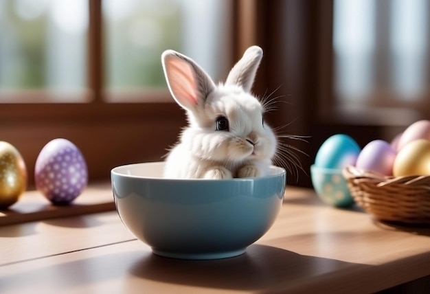 写真 イースターの卵を探すカップに座っている可愛いイースターウサギ 休日と春の伝統の概念
