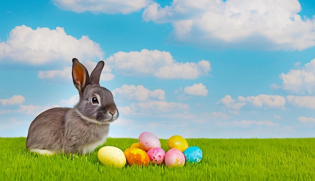 cute easter bunny sitting with colored easter eggs on green grass against blue sky with empty copy space for text cards banners