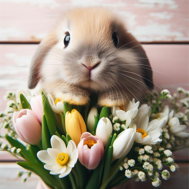 Милый пасхальный кролик и весенние цветы на белом фоне вблизи