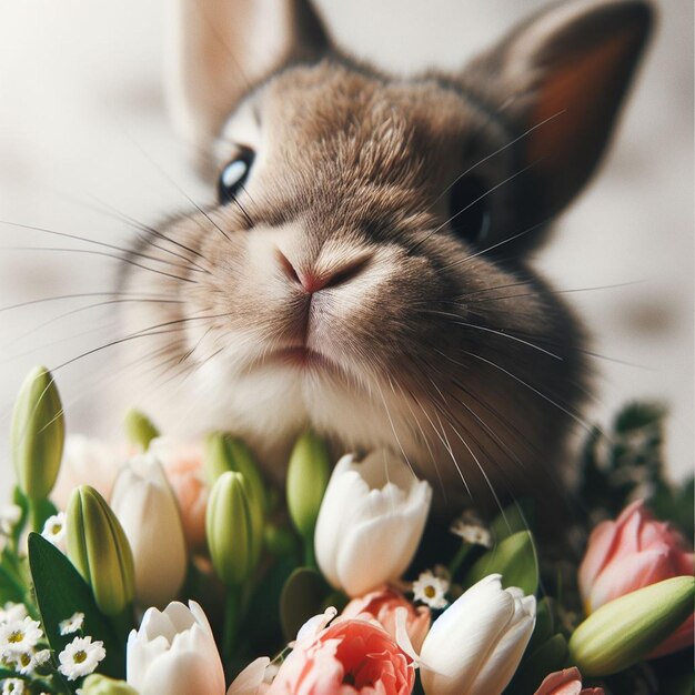 Cute Easter bunny and spring flowers over white background close up