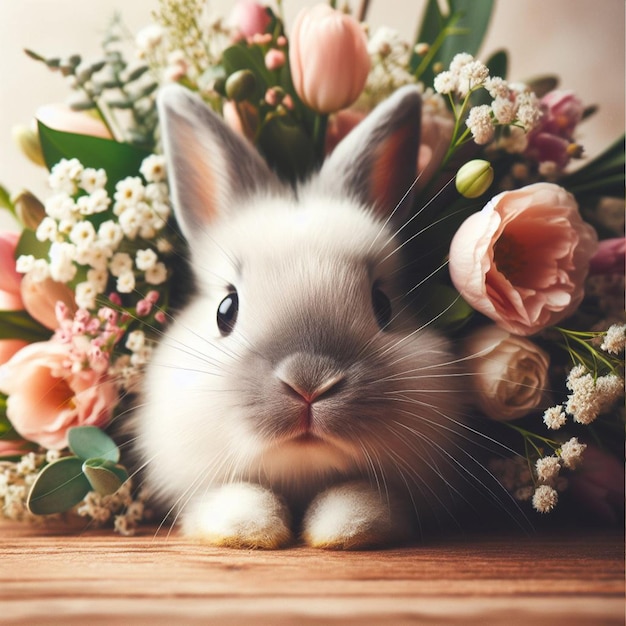 Cute Easter bunny and spring flowers over white background close up