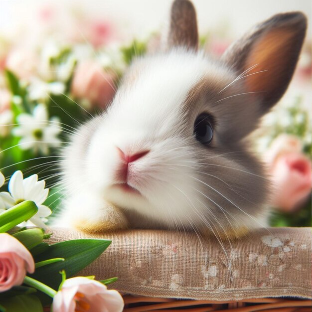 Cute Easter bunny and spring flowers over white background close up