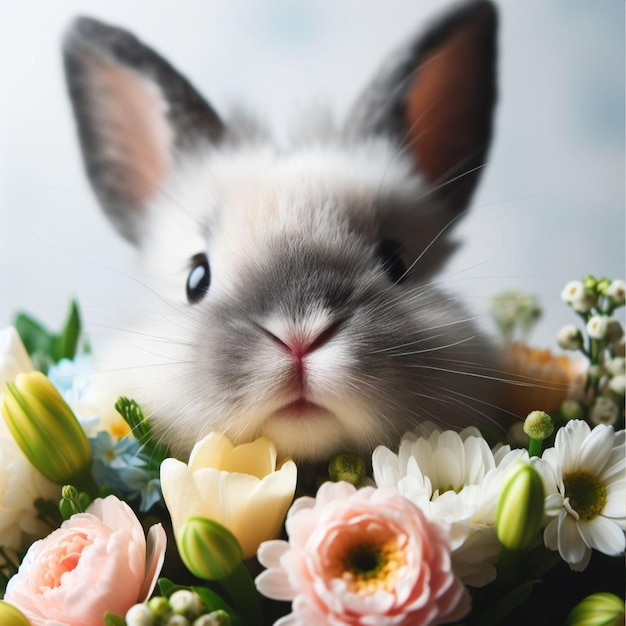 Cute Easter bunny and spring flowers over white background close up