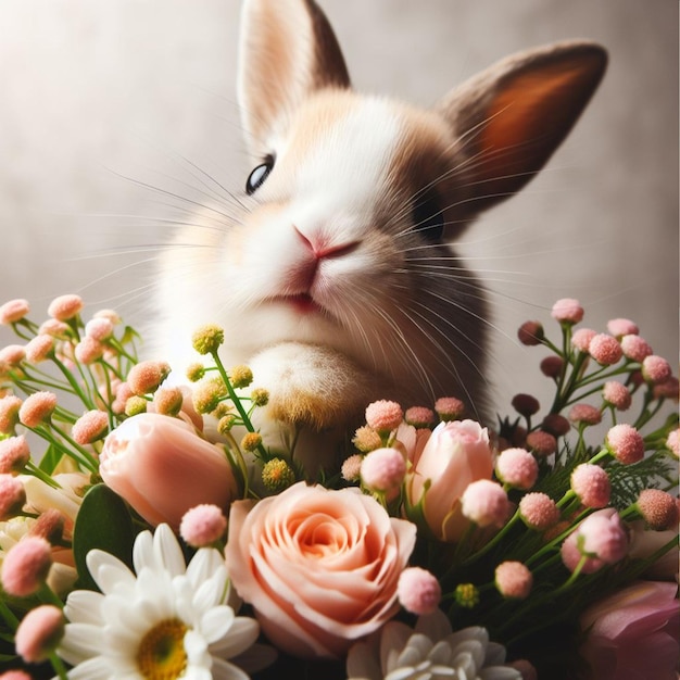 Cute Easter bunny and spring flowers over white background close up