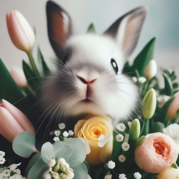 Cute Easter bunny and spring flowers over white background close up