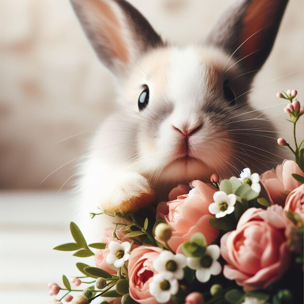 Foto dolce coniglietto di pasqua e fiori di primavera su sfondo bianco da vicino