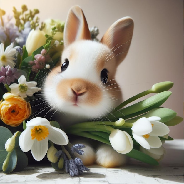 Photo cute easter bunny and spring flowers over white background close up
