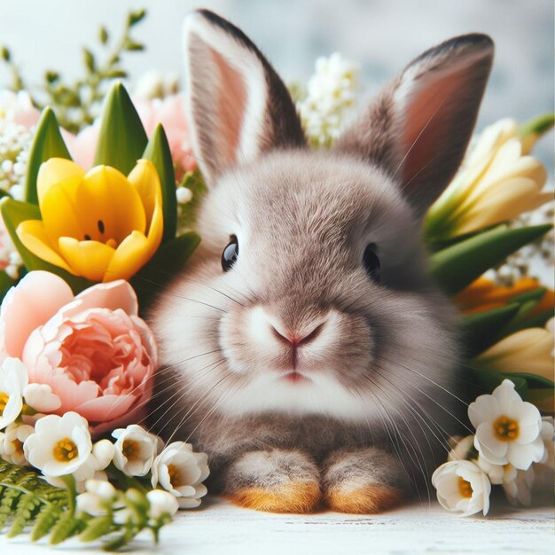 Foto dolce coniglietto di pasqua e fiori di primavera su sfondo bianco da vicino