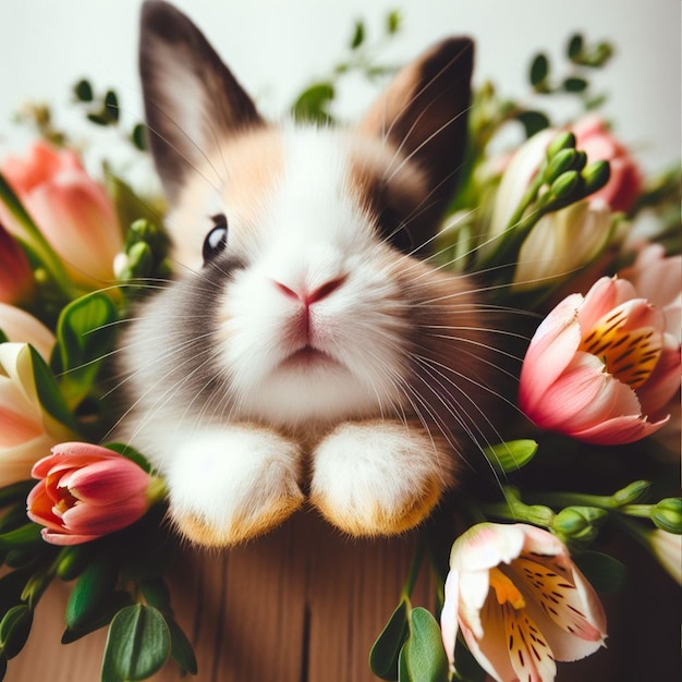 Photo cute easter bunny and spring flowers over white background close up