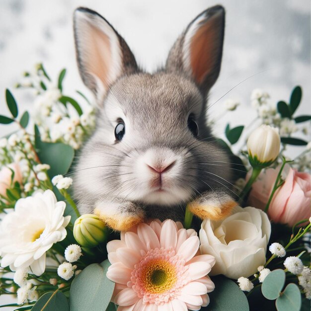 Foto dolce coniglietto di pasqua e fiori di primavera su sfondo bianco da vicino