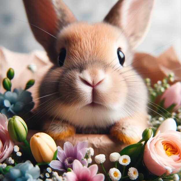 Photo cute easter bunny and spring flowers over white background close up